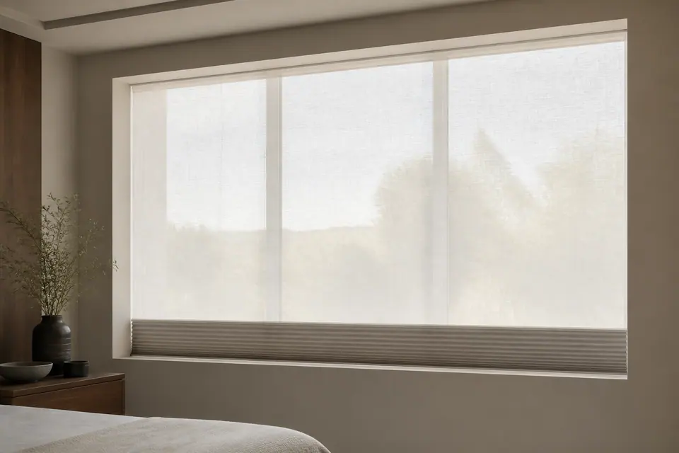 Wide bedroom window with softly diffusing sheer shade and a secondary cellular light-control layer