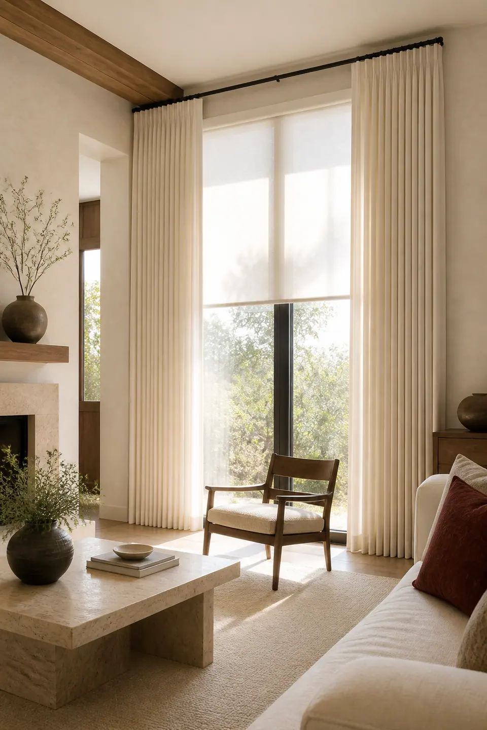 Warm Nashville living room with tailored ivory drapery layered over a concealed light-filtering shade