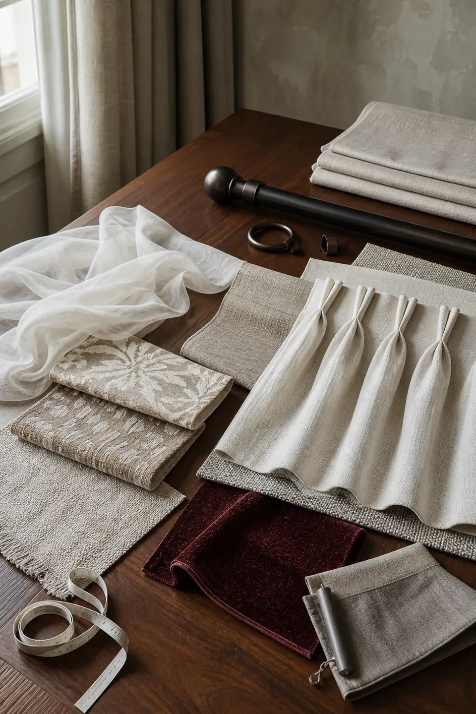 Edited drapery textiles, pinch-pleat sample, dark bronze rod, rings, and workroom details on a walnut table