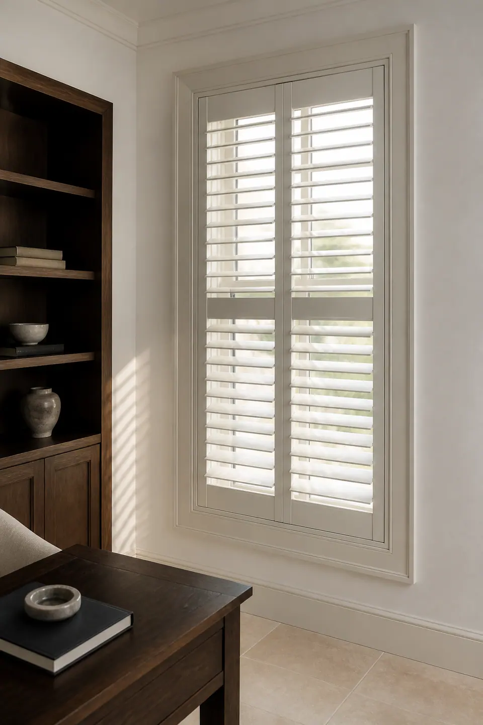 Precisely fitted warm-white interior shutters with broad adjustable louvers