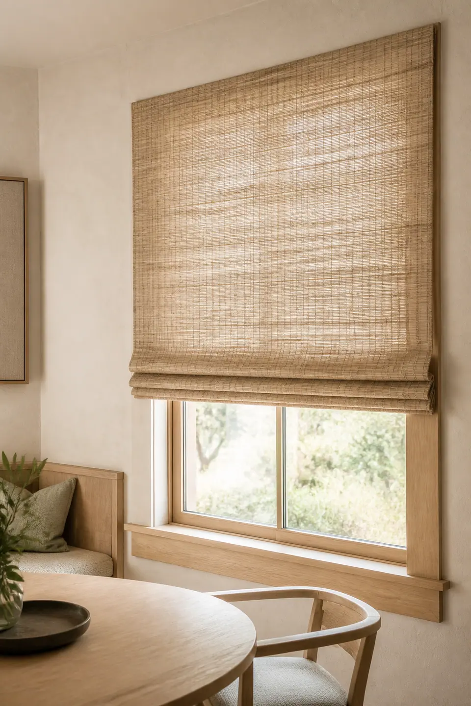 Minimal interior with architectural window treatment and garden view