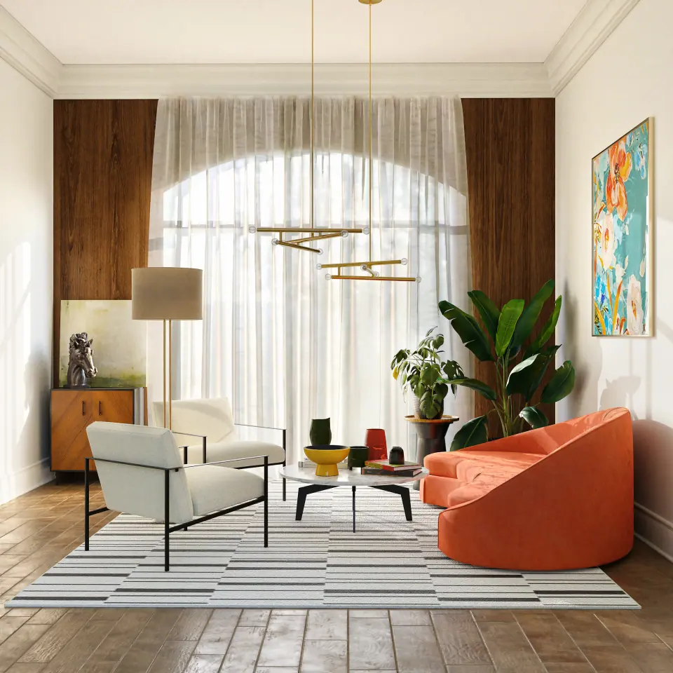 Bright editorial living room with sheer window treatments