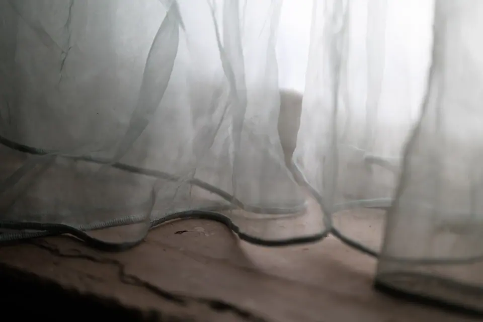 Sheer curtain edge falling onto a warm wood floor
